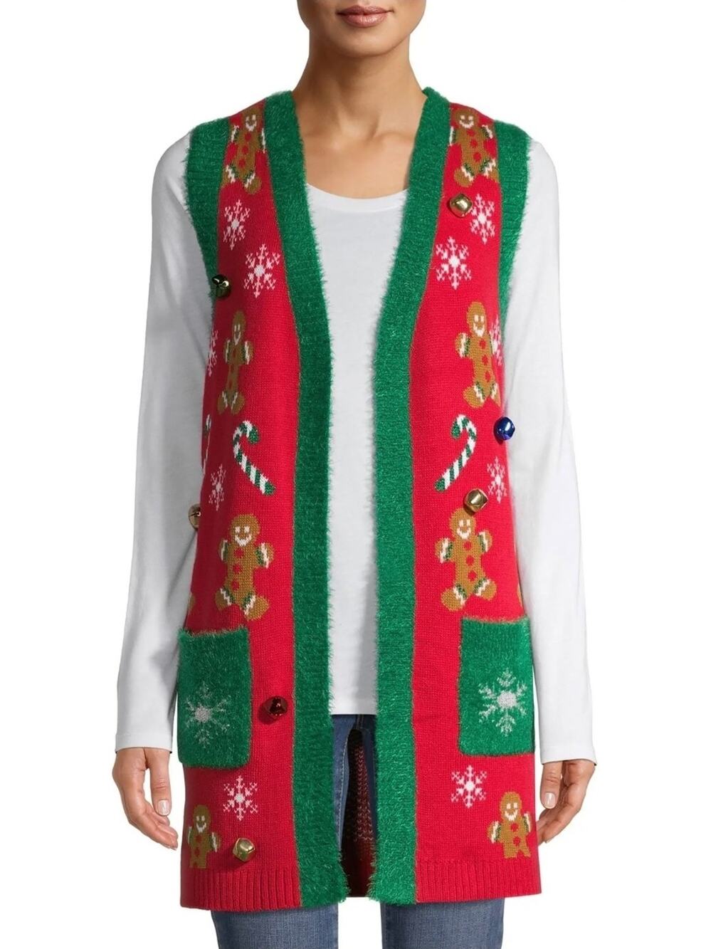 Holiday Time Gingerbread Man Ugly Christmas Open Cardigan Bells Candy Cane Sz XL
